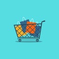 Trolley and shopping bags on blue background. Vector illustration for black friday Royalty Free Stock Photo