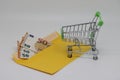 Trolley from the supermarket and banknotes in an envelope, shopping in retail chains.