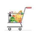 Trolley from the supermarket with food. Dairy products and wine, tomatoes and bread, vegetables and bananas. Vector Royalty Free Stock Photo