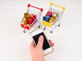 trolley for supermarket and mobile phone, the concept of online Royalty Free Stock Photo