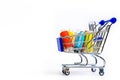 Trolley with thread on a white background . Thread selection. Shopping for needlework. White background. Royalty Free Stock Photo