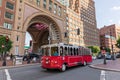 Trolley Tour bus in front of Boston Harbor Hotel