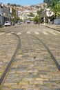 trolley track on streets of the historic center of Santos, Brazil