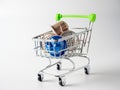 Trolley with used aluminum coffee capsules isolated on a white background. A concept for processing raw materials and recycling