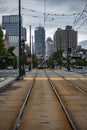 Trolley vehicle on a railway track in historic Boston, Massachusetts