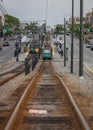 Trolley vehicle on a railway track in historic Boston, Massachusetts