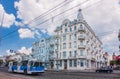 trolleybus in front old building on the street in Vinnytsya