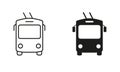 Trolleybus Line and Silhouette Black Icon Set. Trolley Bus in Front View Pictogram. Stop Station for City Electric