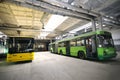 Trolleybuses parked at a trolley depot hangar for technical inspection, depot maintenance