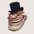 Trollface spectacled, in hat. Internet troll 3d illustration