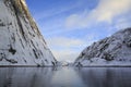 Trollfjord with snow-capped mountains Royalty Free Stock Photo