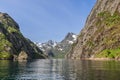 Rocky cliffs and snow patches in Trollfjorden, lit by the endless Norwegian summer light