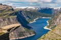 `Trolltunga, Troll`s tongue rock above lake Ringedalsvatnet, Norway` Royalty Free Stock Photo