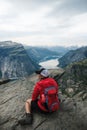 Trolltunga, view on troll tongue reef over the lake. Beautiful nature. Tourist popular place. Ringedalsvatnet, Odda, Norway Royalty Free Stock Photo