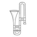 Trombone black and white musical instrument. Outline brass trumpet