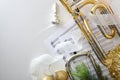 Trombone christmas music concert with decoration on white table Royalty Free Stock Photo