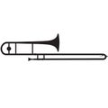 Trombone icon on white background. Black silhouette of trombone sign. A musical wind instrument. flat style