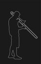 Trombone player line contour vector illustration. Music man play wind instrument silhouette. Music artist boy. Jazz man. Bugler