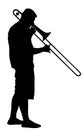 Trombone player vector silhouette. Music man play wind instrument. Music artist. Jazz man.