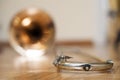 Trombone on wooden floor detail Royalty Free Stock Photo