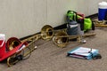 several trombones and water bottles waiting in the rest area