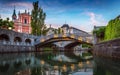 Tromostovje bridge and Ljubljanica river in the city center. Ljubljana, capital of Slovenia.