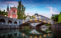 Tromostovje bridge and Ljubljanica river in the city center. Ljubljana, capital of Slovenia. Royalty Free Stock Photo