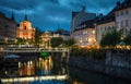 Tromostovje bridge and Ljubljanica river in the Ljubljana city center. Ljubljana, capital of Slovenia Royalty Free Stock Photo