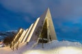 Tromso Arctic Cathedral Church in Norway at dusk twilight Amazing Norway nature seascape popular tourist attraction. Royalty Free Stock Photo