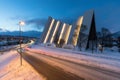 Tromso Arctic Cathedral Church in Norway at dusk twilight Amazing Norway nature seascape popular tourist attraction.