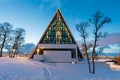 Tromso Arctic Cathedral Church in Norway at dusk twilight Amazing Norway nature seascape popular tourist attraction. Royalty Free Stock Photo