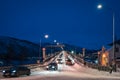 Tromso Bridge across Tromsoysundet strait at night Royalty Free Stock Photo