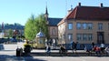 Tromso city center - square RÃÂ¥dhusgate with small wooden Catholic Casthedral and wooden houses Royalty Free Stock Photo