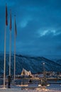 Tromso Harbour and Arctic Cathedral at night Royalty Free Stock Photo