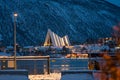 Tromso Harbour and Arctic Cathedral at night Royalty Free Stock Photo