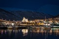 Tromso Harbour and Arctic Cathedral at night Royalty Free Stock Photo