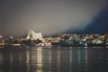 Tromso Harbour and Arctic Cathedral at night Royalty Free Stock Photo