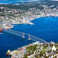 Tromso - houses, bridge and panorama of Norwegian city Tromso beyond the Arctic circle Royalty Free Stock Photo