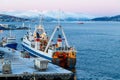 Tromso, North Norway. Cargo terminal, ships parked in the port waiting for loading. Snowy mountains in the background. Royalty Free Stock Photo