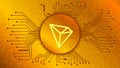 TRON cryptocurrency token symbol, TRX coin icon in circle with pcb on gold background.