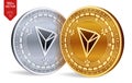 Tron. 3D isometric Physical coins. Digital currency. Cryptocurrency. Golden and silver coins with Tron symbol isolated on white ba