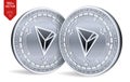 Tron. 3D isometric Physical coins. Digital currency. Cryptocurrency. Silver coins with Tron symbol isolated on white background. V