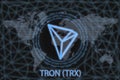 TRON TRX Abstract Cryptocurrency. With a dark background and a world map. Graphic concept for your design