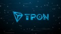 Tron TRX coin futuristic neon symbol. Binary code and speed lines background