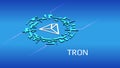 Tron TRX isometric token symbol in digital circle on blue background.