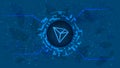 Tron TRX token symbol in a digital circle on polygonal blue background.