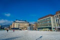 TRONDHEIM, NORWAY - APRIL 06, 2018: Trondheim central square Torvet with the statue of Olav Tryggvason, the founder of Royalty Free Stock Photo