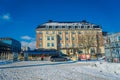 TRONDHEIM, NORWAY - APRIL 06, 2018: Trondheim central square Torvet with the statue of Olav Tryggvason, the founder of Royalty Free Stock Photo