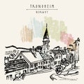 Trondheim, Norway, wooden houses and a church. Hand drawn vntage touristic postcard