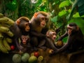 Troop of primates perched atop a pile of ripe yellow bananas, AI-generated.